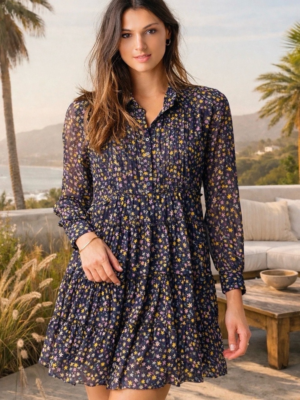 Zadig & Voltaire Navy Star-Print Long-Sleeve Tiered Dress